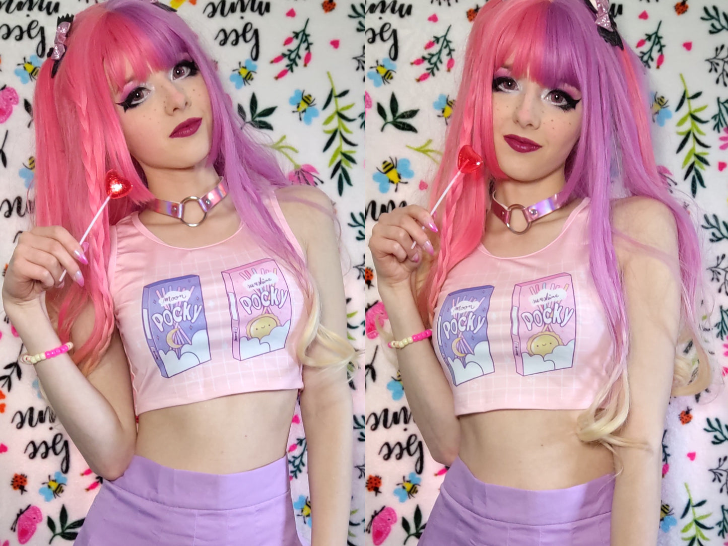 Cute girl modeling a kawaii aesthetic crop top featuring playful, pastel artwork