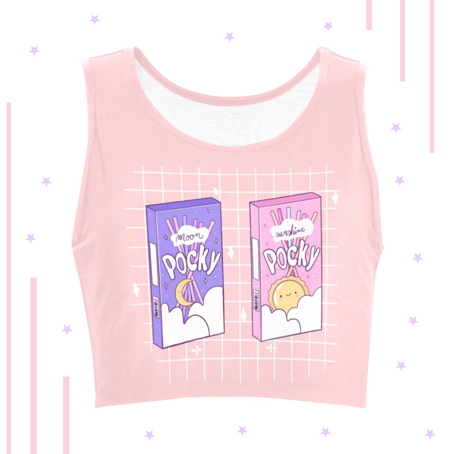 Pink and purple pastel kawaii crop top displayed on patterned background.