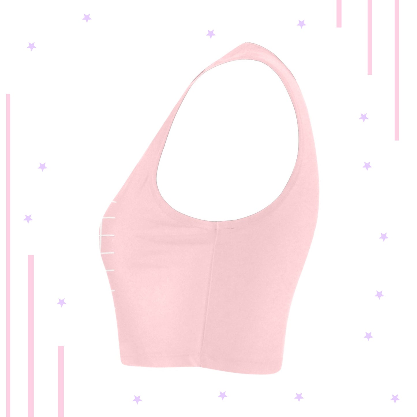 Pink and purple pastel kawaii crop top displayed on patterned background.