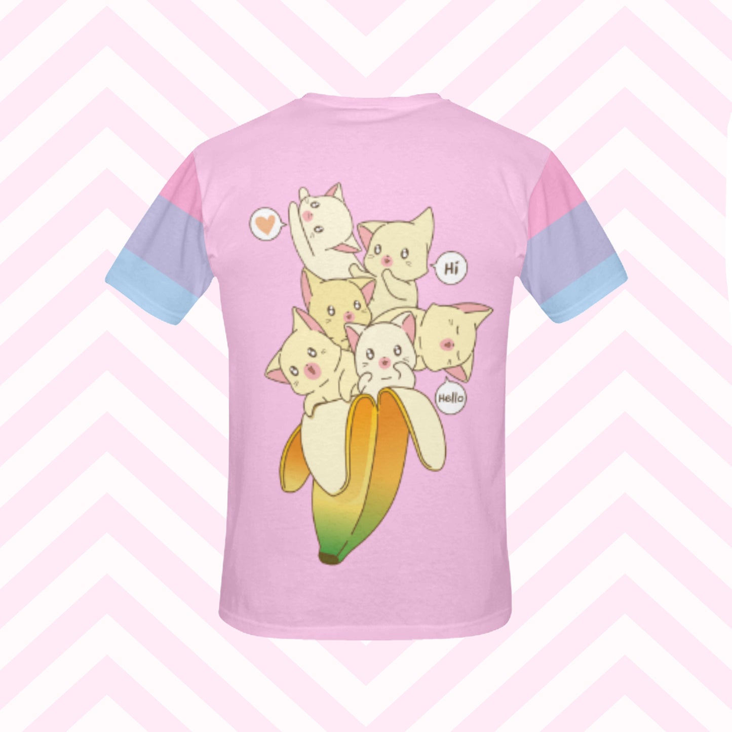 Back of a pink pastel kawaii t-shirt with cats and banana displayed on a white and pink background.