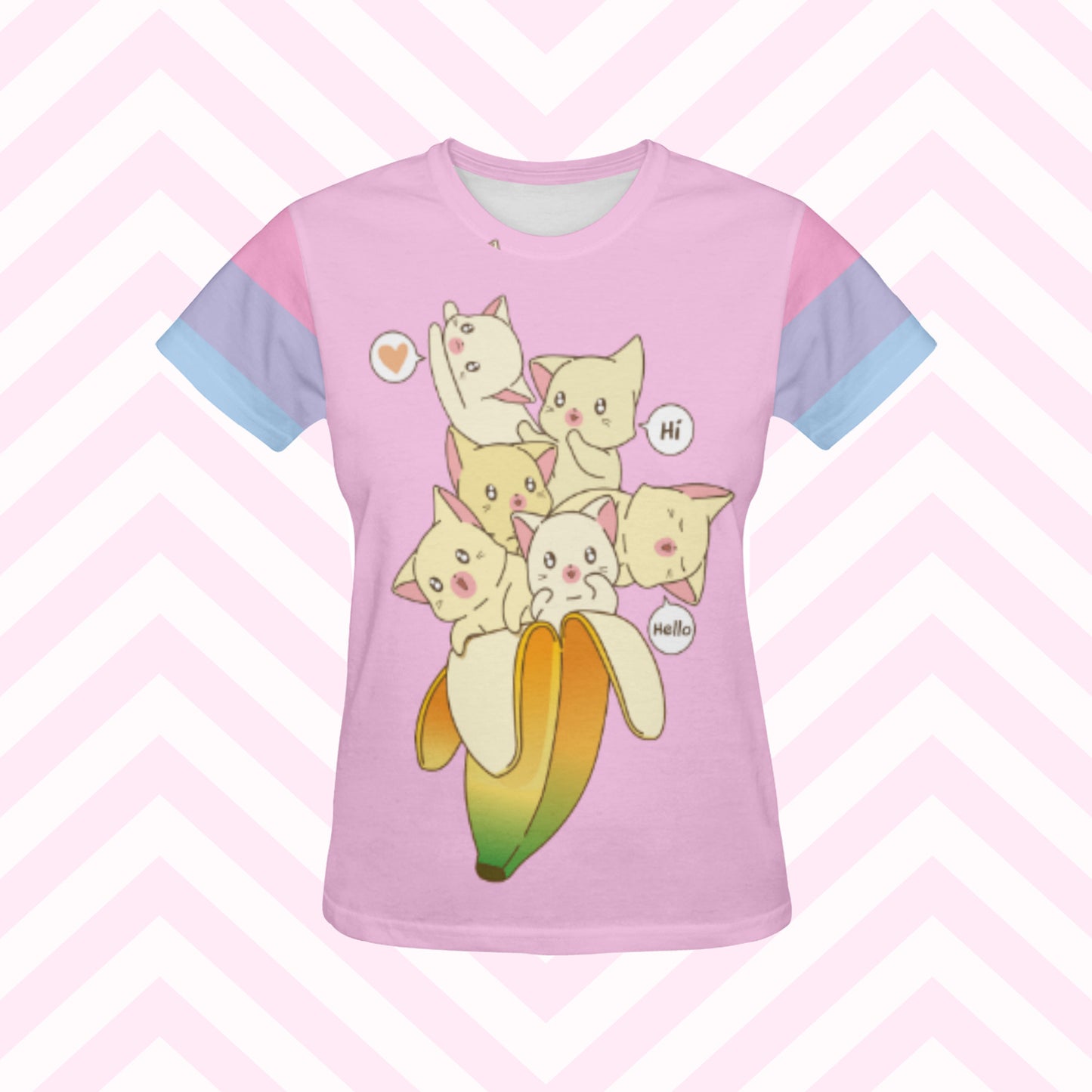 Pink pastel kawaii t-shirt with cats and banana displayed on a white and pink background.