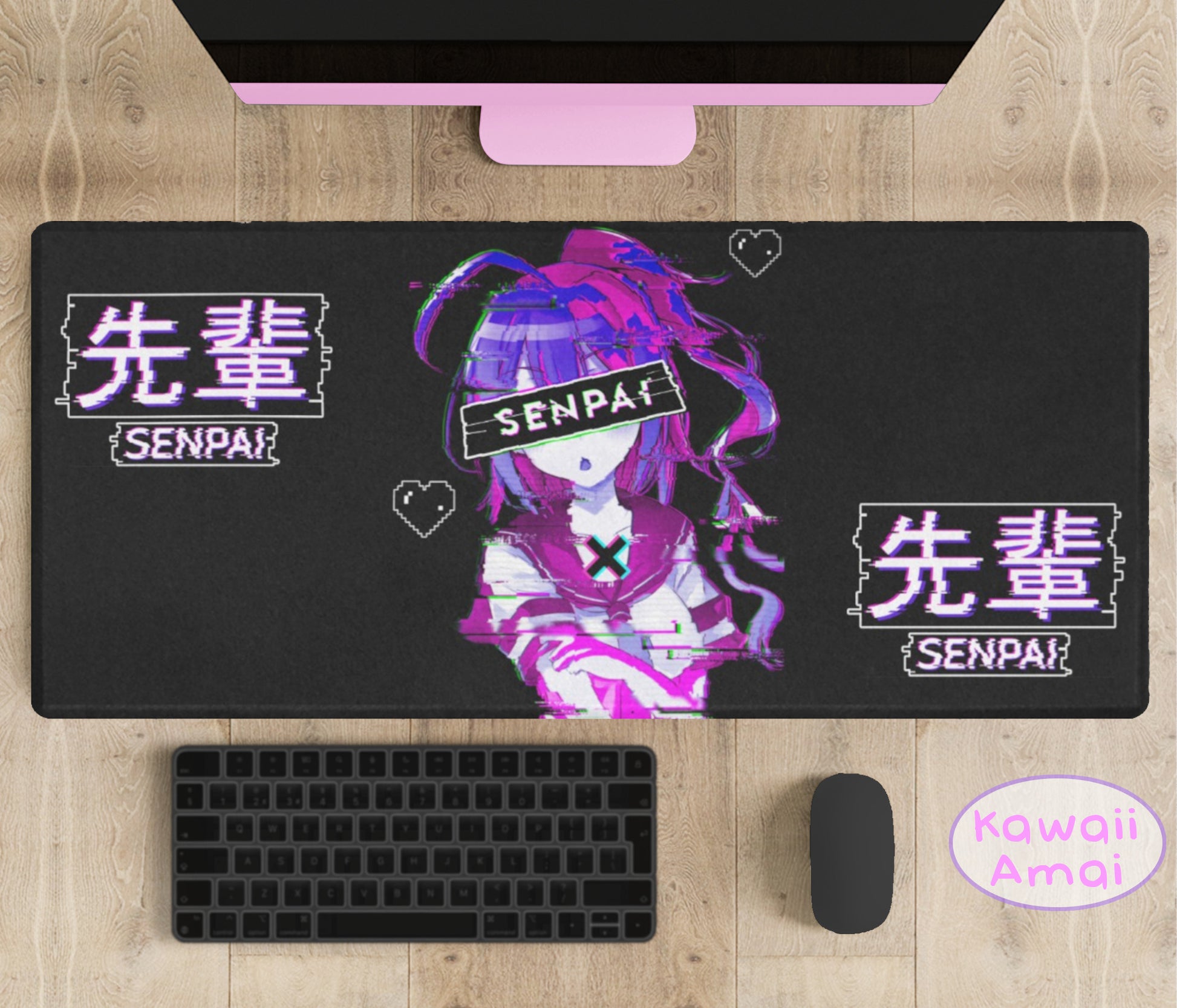 Black and Purple desk mat perfect for kawaii-themed workspaces or gaming setups