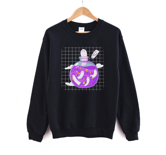 Kawaii Halloween sweatshirt with Halloween-themed graphics of a bottle of boos on a white background.