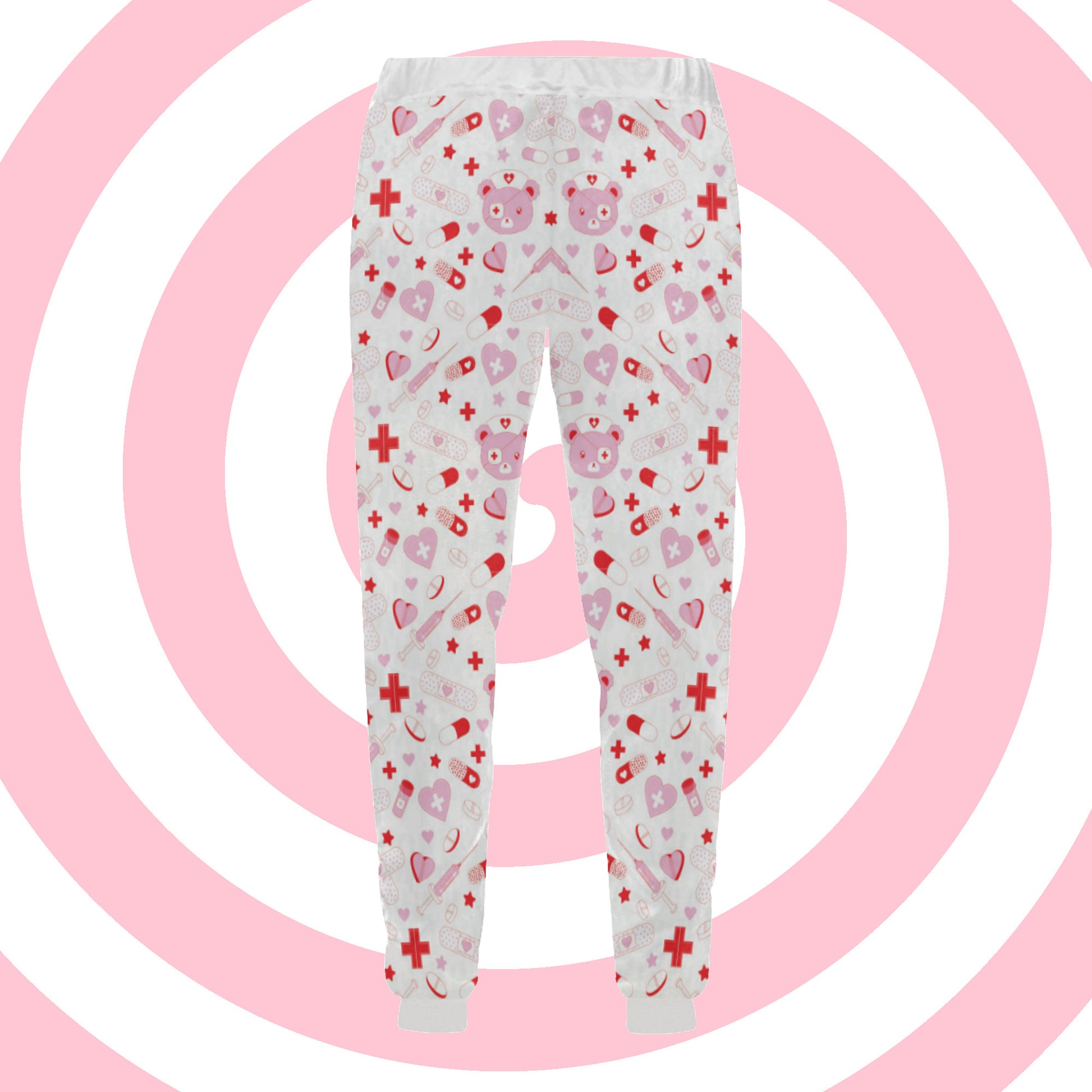 Creepy Cute Menhera Kei and Yami kawaii aesthetic jogger pant displayed on pink  white background.