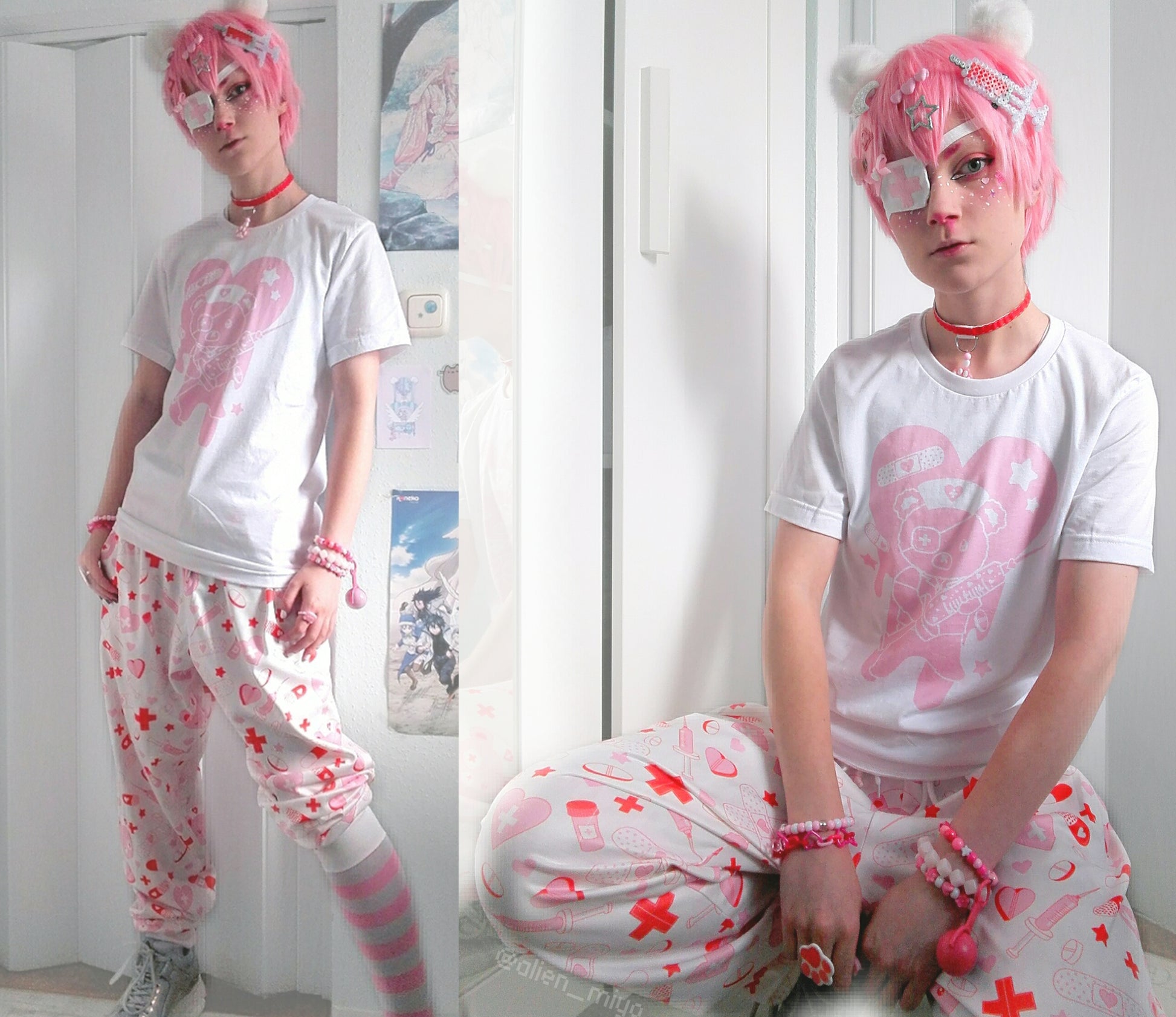 Model wearing Creepy Cute Menhera Kei and Yami kawaii aesthetic jogger pant
