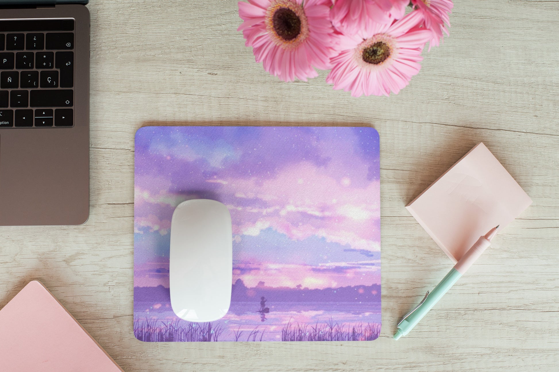 Pastel kawaii desk mat with charming motifs and cozy aesthetic