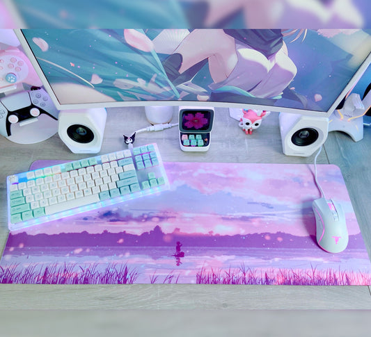 Pastel kawaii desk mat with charming motifs and cozy aesthetic