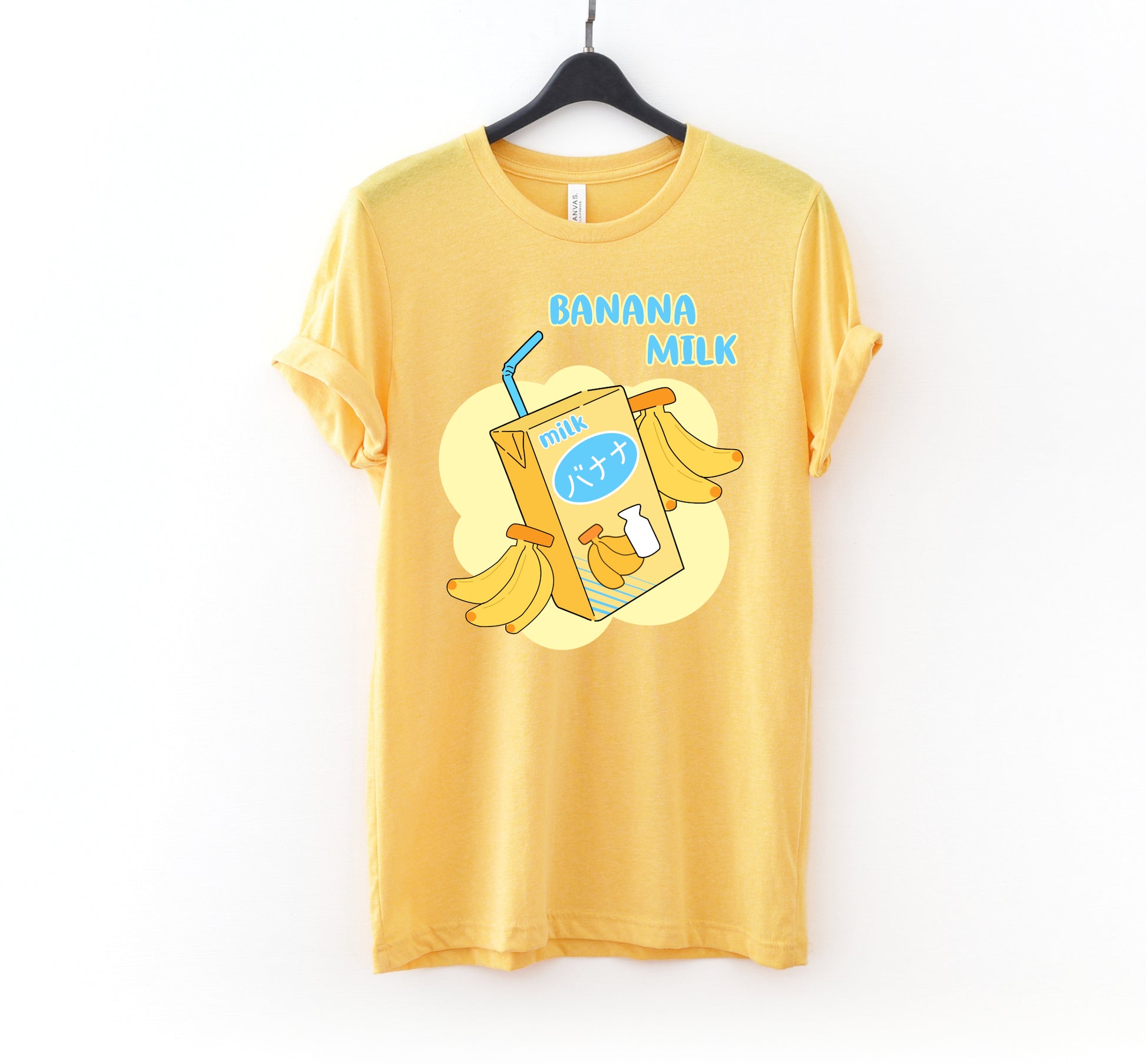 kawaii t-shirt with banana milk print on white background.