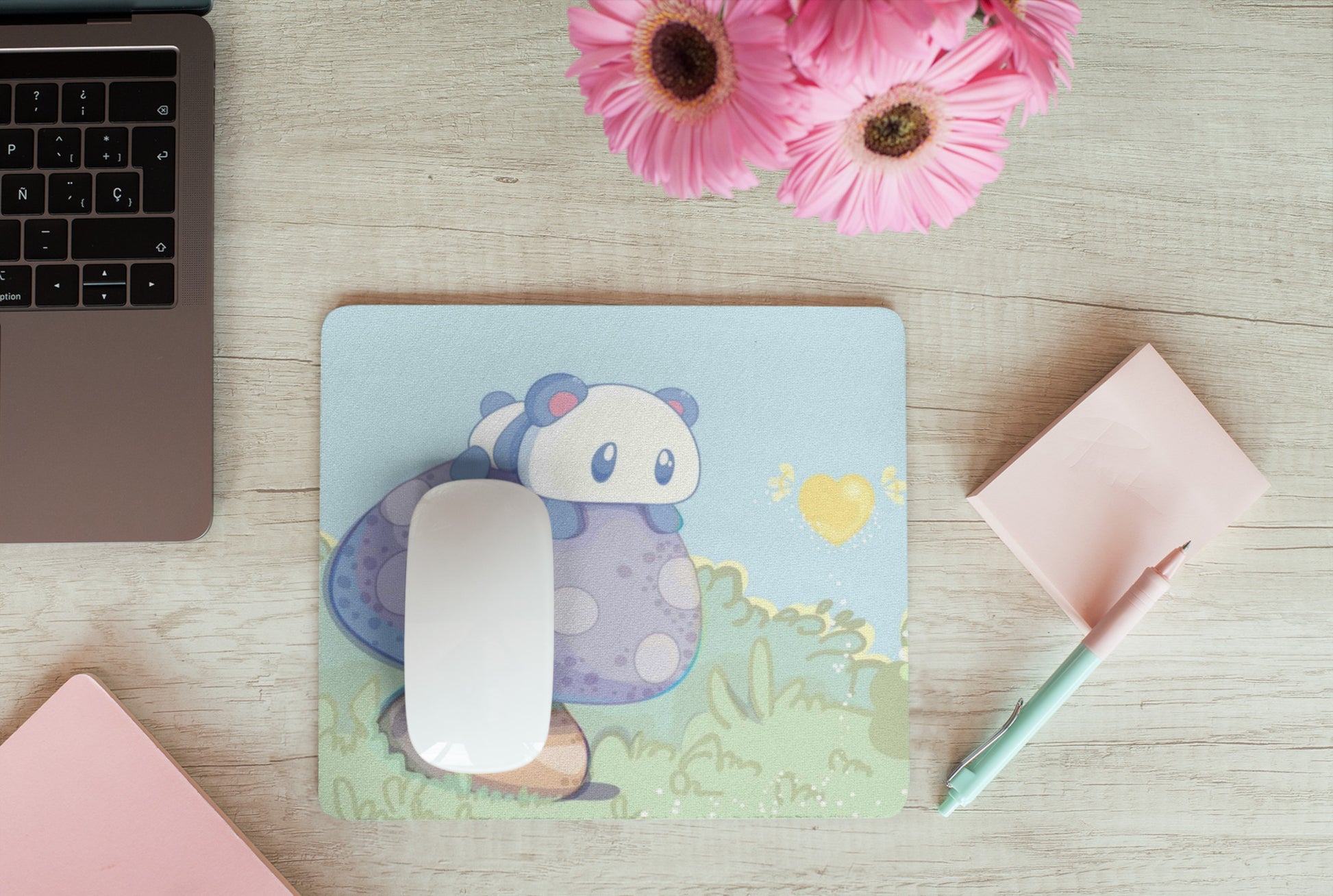 Soft kawaii desk mat with adorable animal design on a tidy workspace