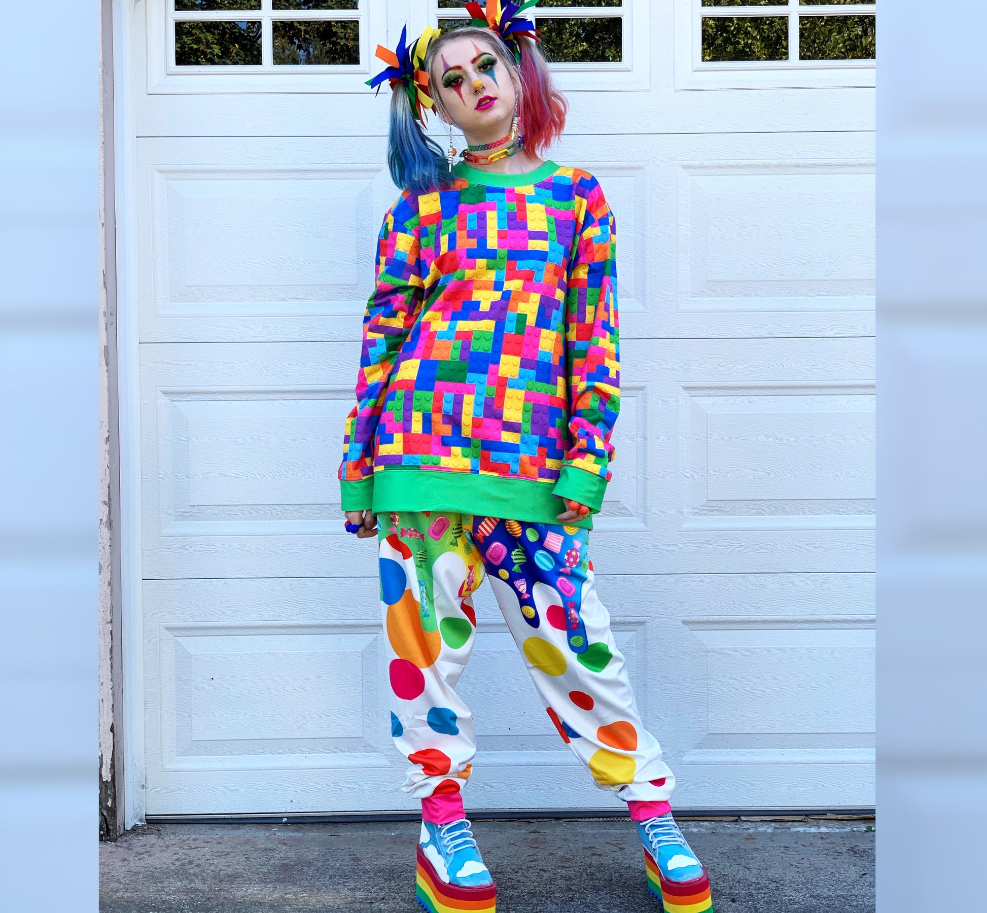 Model dressed in Decora Kei and Kidcore fashion, featuring candy  pants