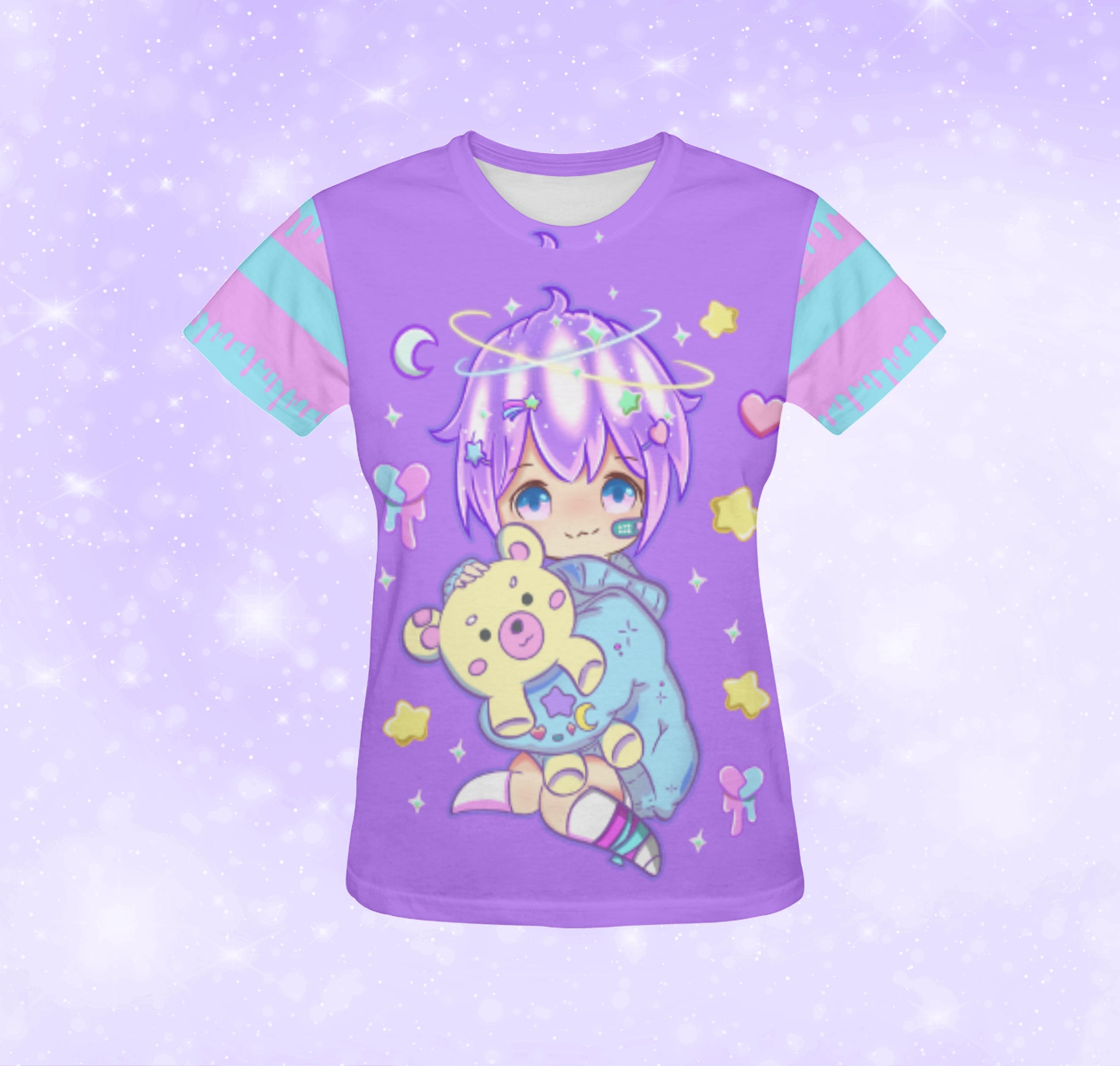 Yami kawaii t-shirt with chibi print on purple  background.