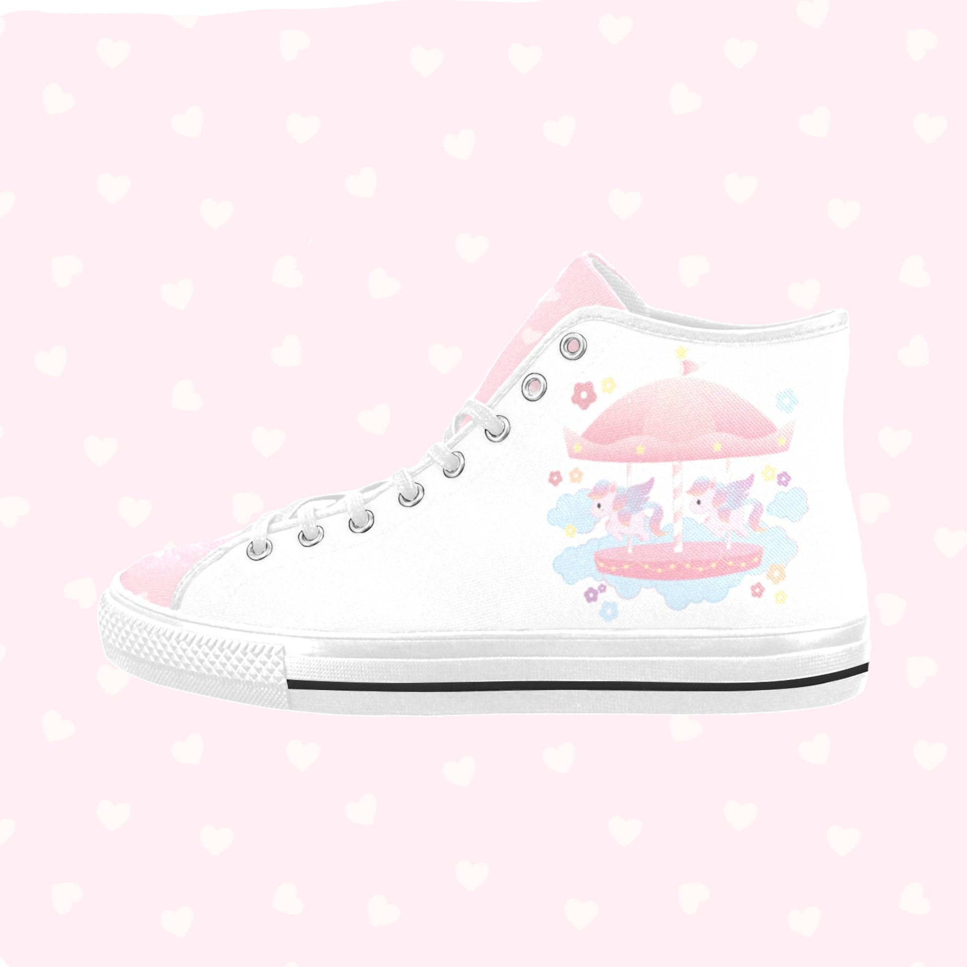 Close-up of cute pastel-colored shoes with decorative elements, displayed on a pink heart background
