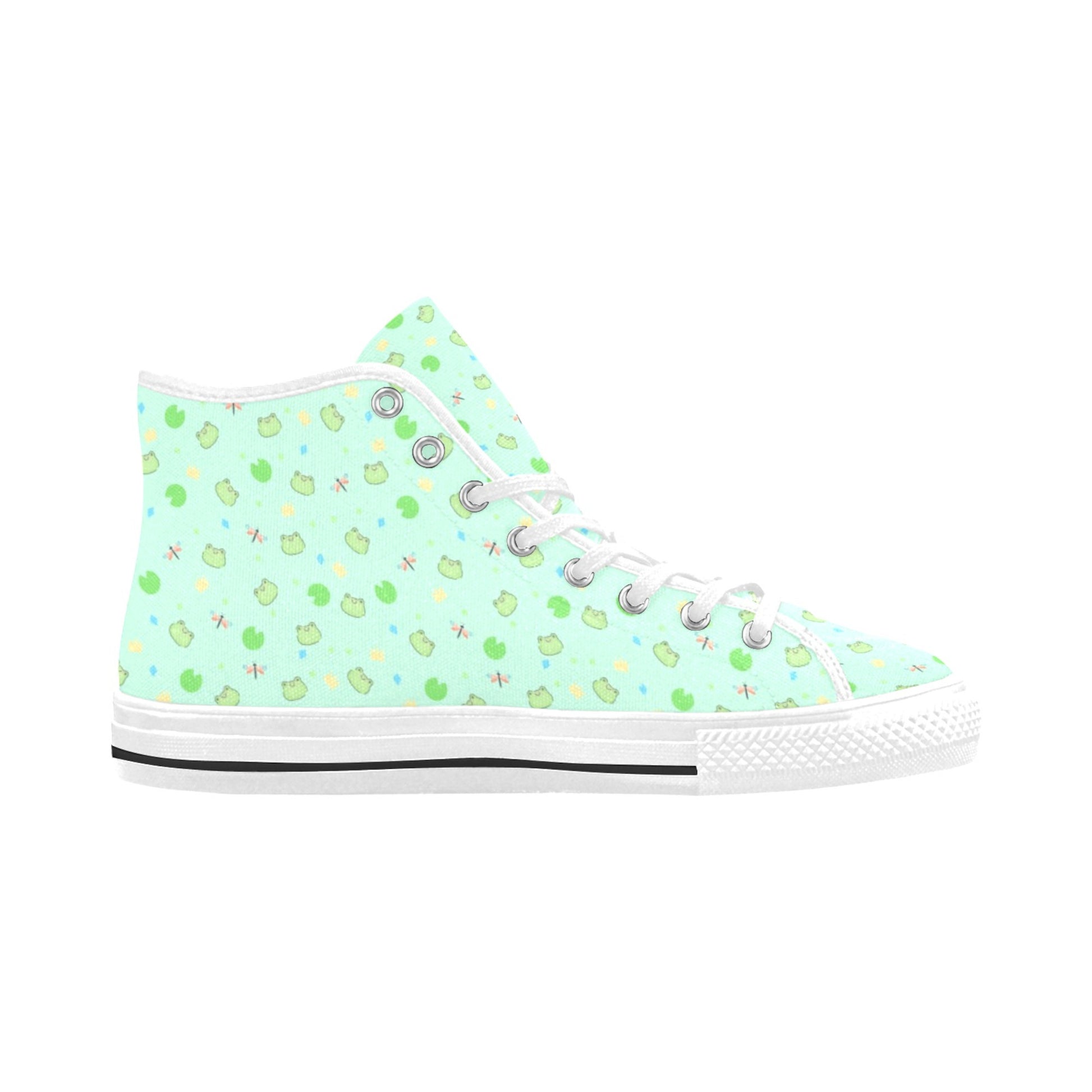 Close-up of cute pastel-colored shoes with Kawaii Mint  Frog Design, displayed on a smooth white surface