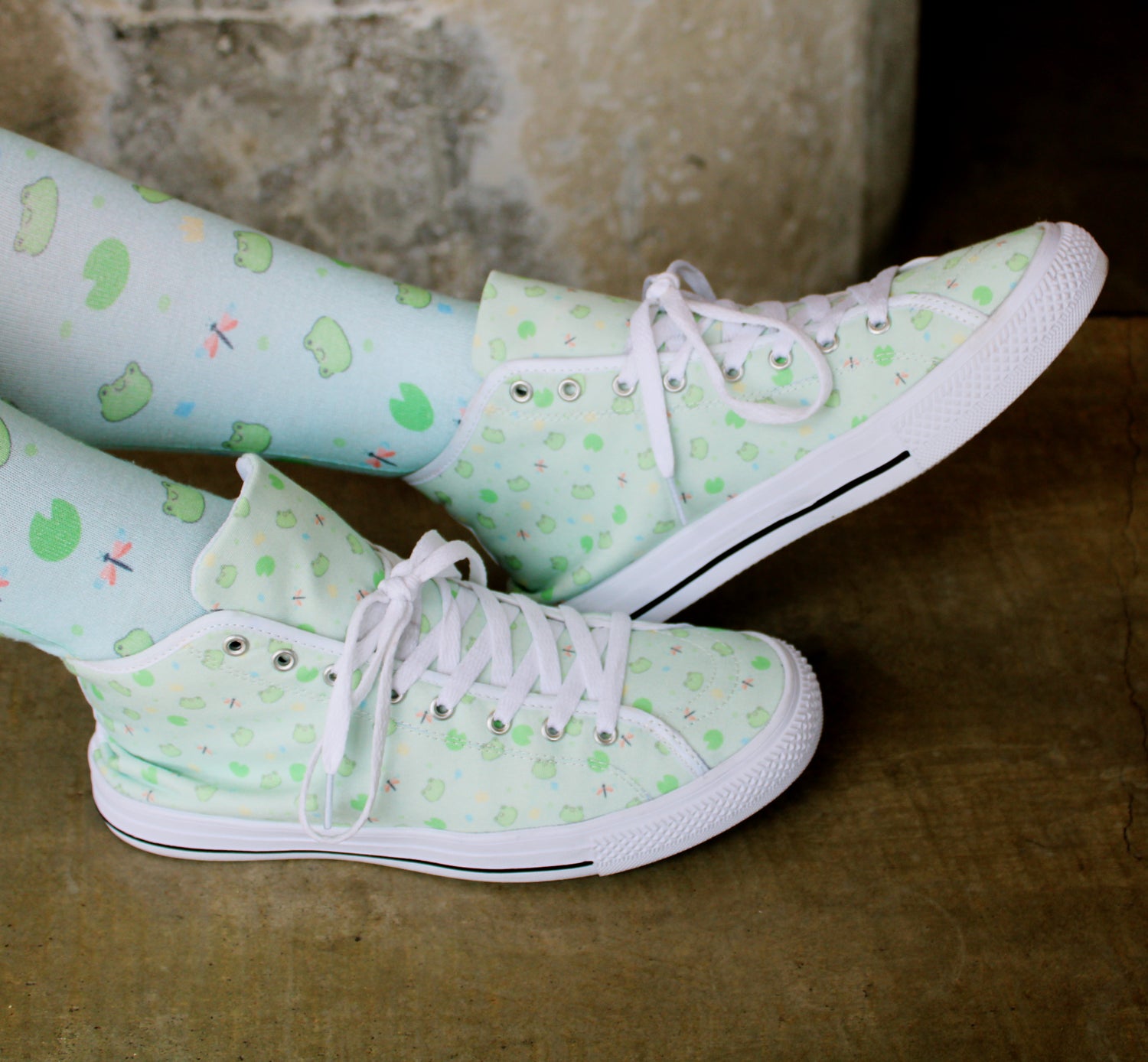 Young girl wearing stylish Fairy Kei Kawaii Mint Frog Canvas Shoes