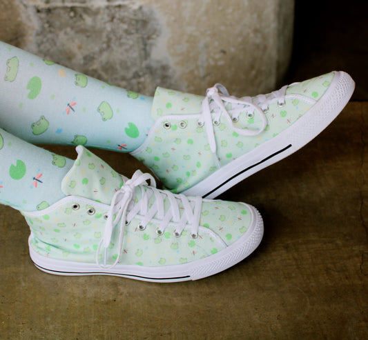 Young girl wearing stylish Fairy Kei Kawaii Mint Frog Canvas Shoes