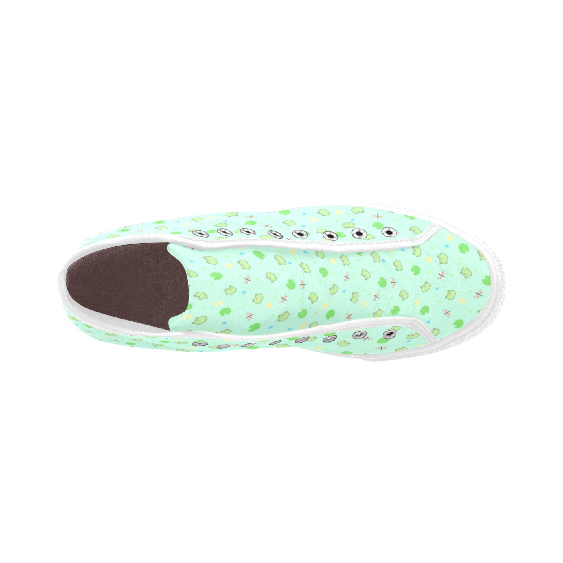 Close-up of cute pastel-colored shoes with Kawaii Mint  Frog Design, displayed on a smooth white surface