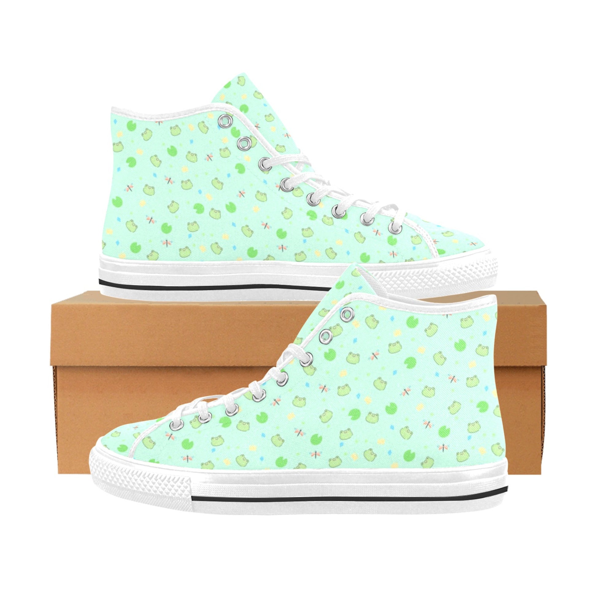 Close-up of cute pastel-colored shoes with Kawaii Mint  Frog Design, displayed on a smooth white surface