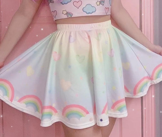model wearing a cute fairy kei kawaii skirt pastel rainbow skirt