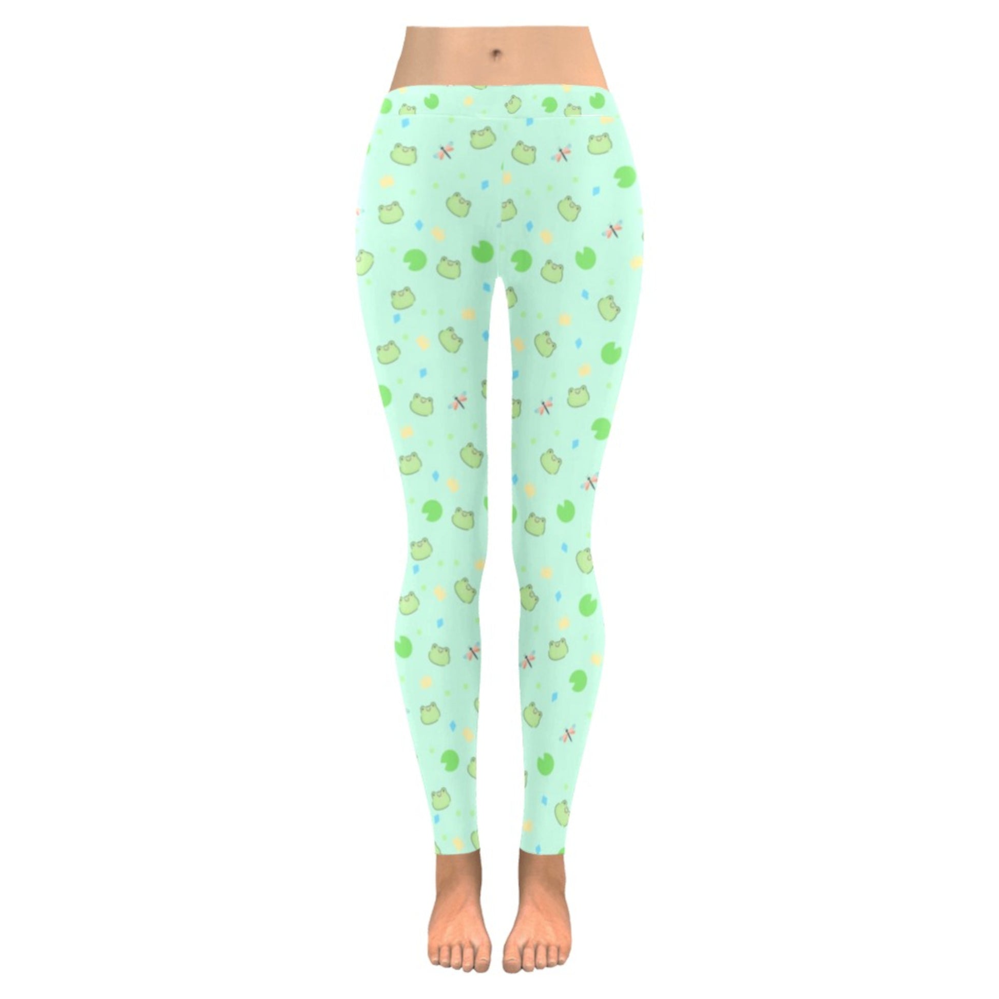 girl modeling Fairy Kei Pastel Mint Frog Leggings on clean white background