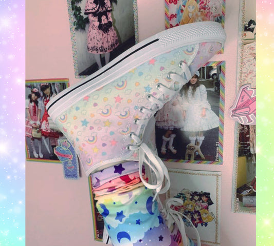Close-up of cute pastel-colored shoes with decorative elements, displayed on a pattern background