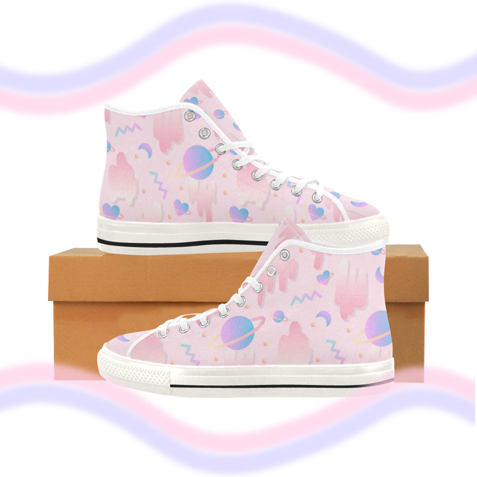 Close-up of cute pastel-colored shoes with cute design, displayed on brown box