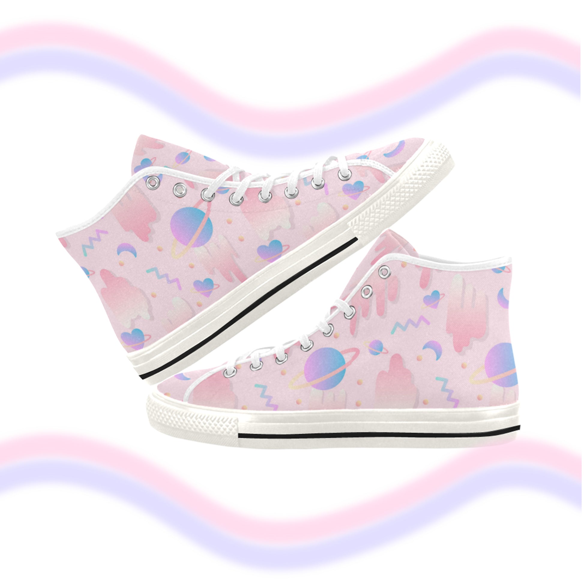 Close-up of cute pastel-colored shoes with cute design, displayed on a  white background