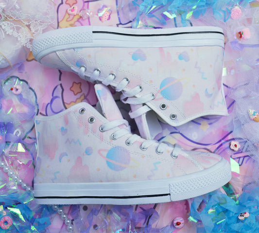  Pair of cute, stylish shoes neatly arranged on a pattern background