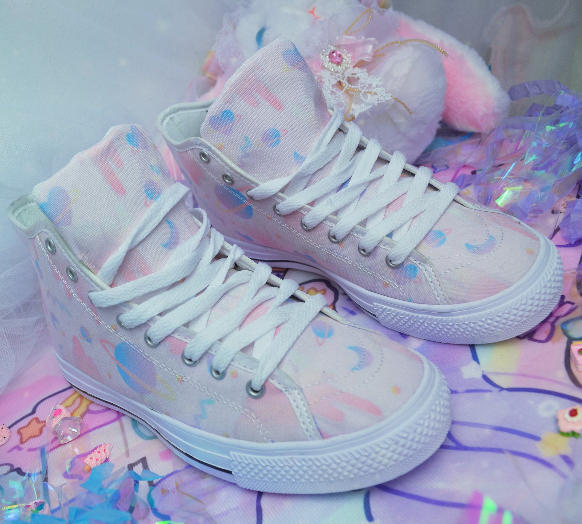  Pair of cute, stylish shoes neatly arranged on a pattern background