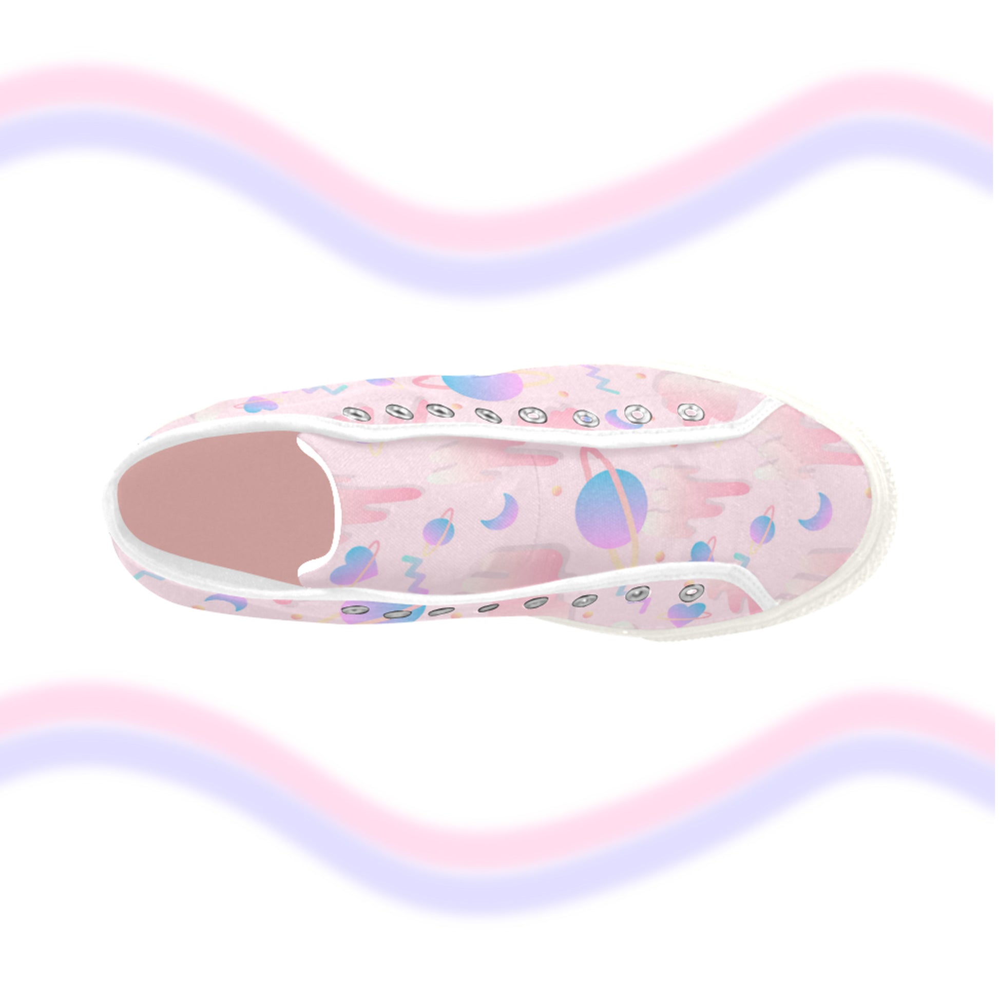 Close-up of cute pastel-colored shoes with cute design, displayed on a  white background