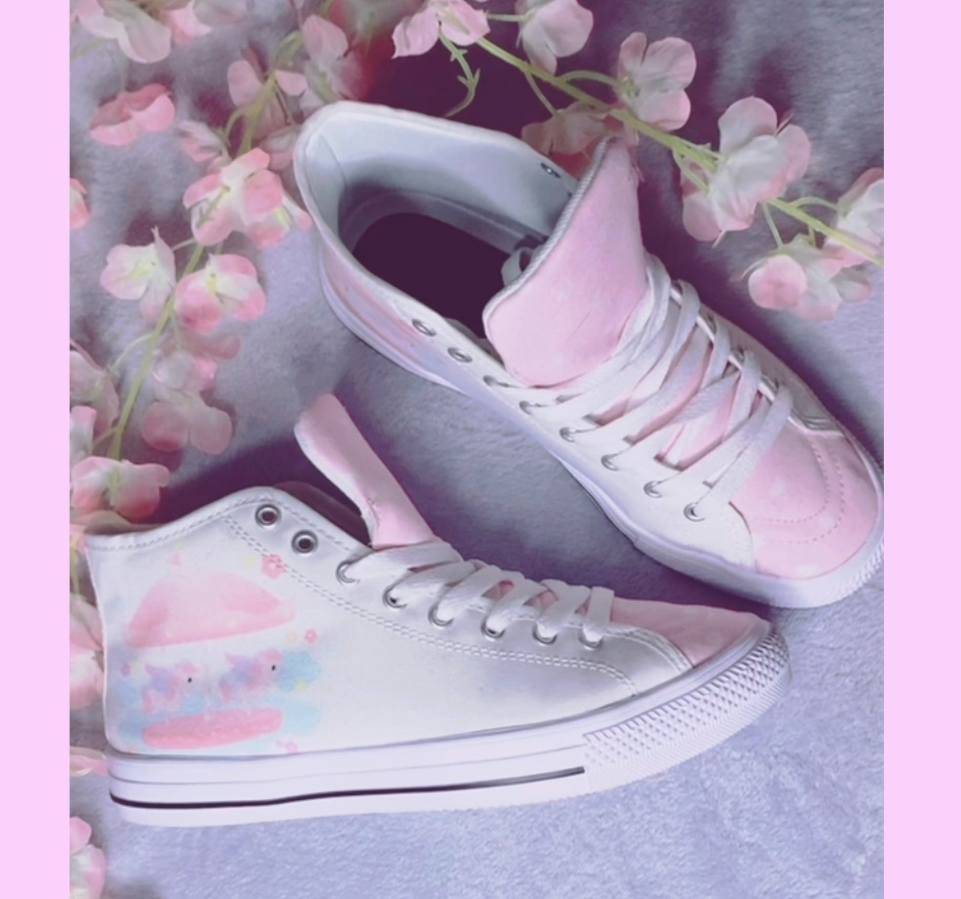 Pair of cute, stylish shoes neatly arranged on a purple background