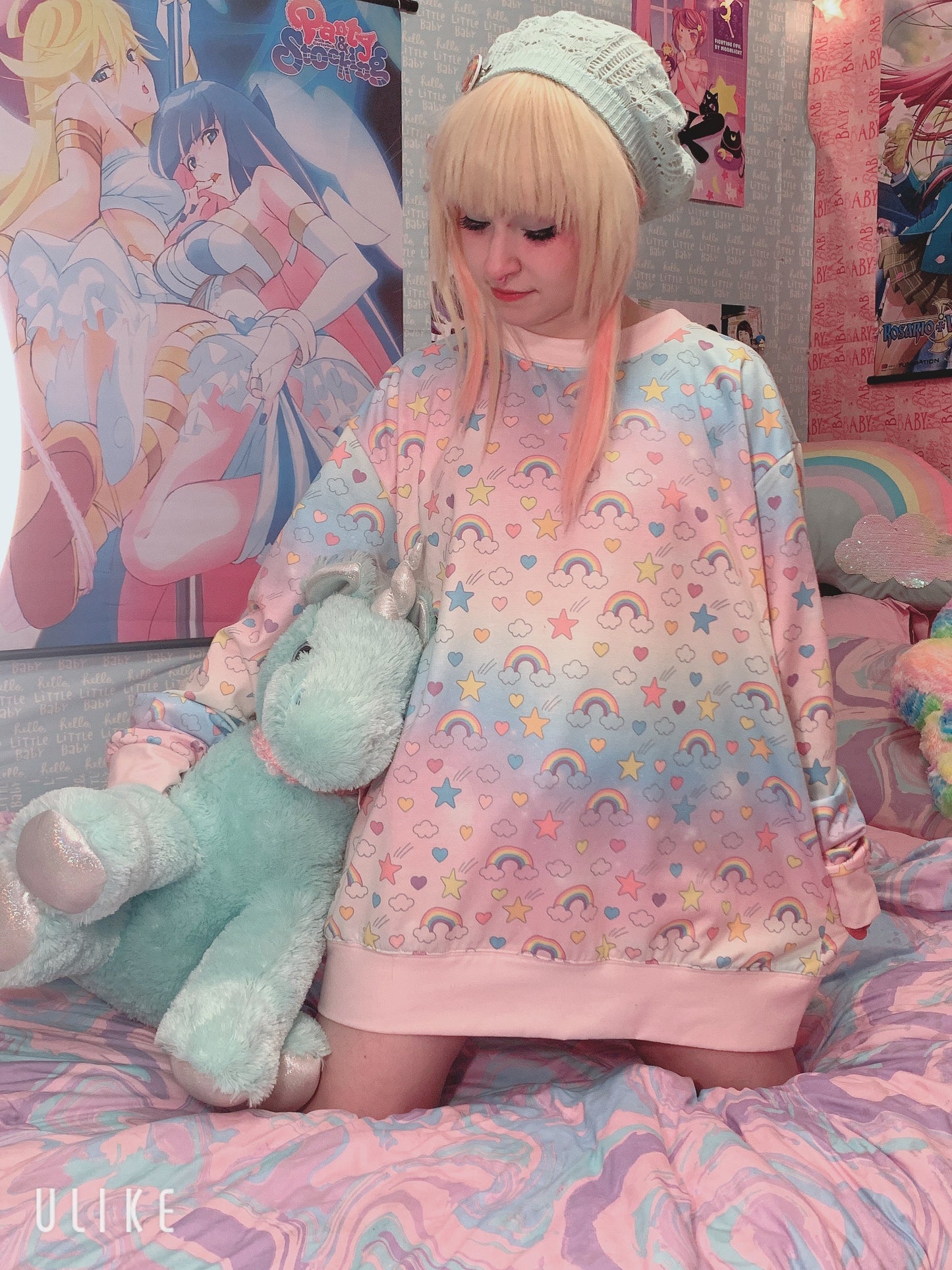 Cute girl modeling  oversized  cute  kawaii rainbow sweatshirt