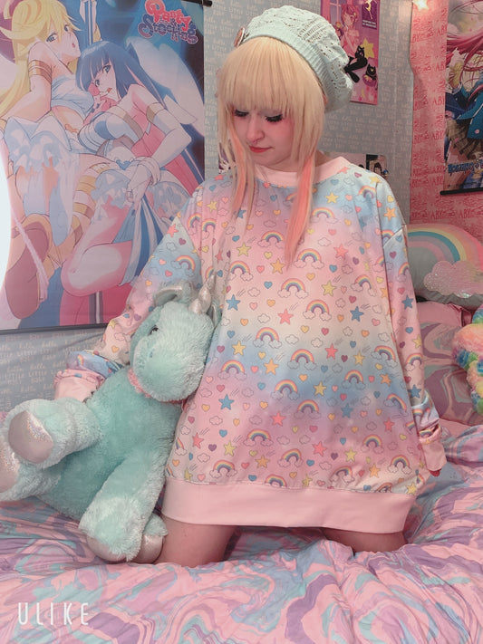 Cute girl modeling  oversized  cute  kawaii rainbow sweatshirt