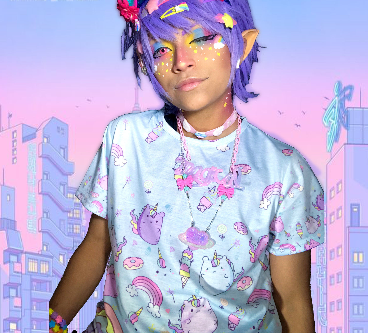 model  wearing a pastel kawaii t-shirt with a cute rainbow clouds print