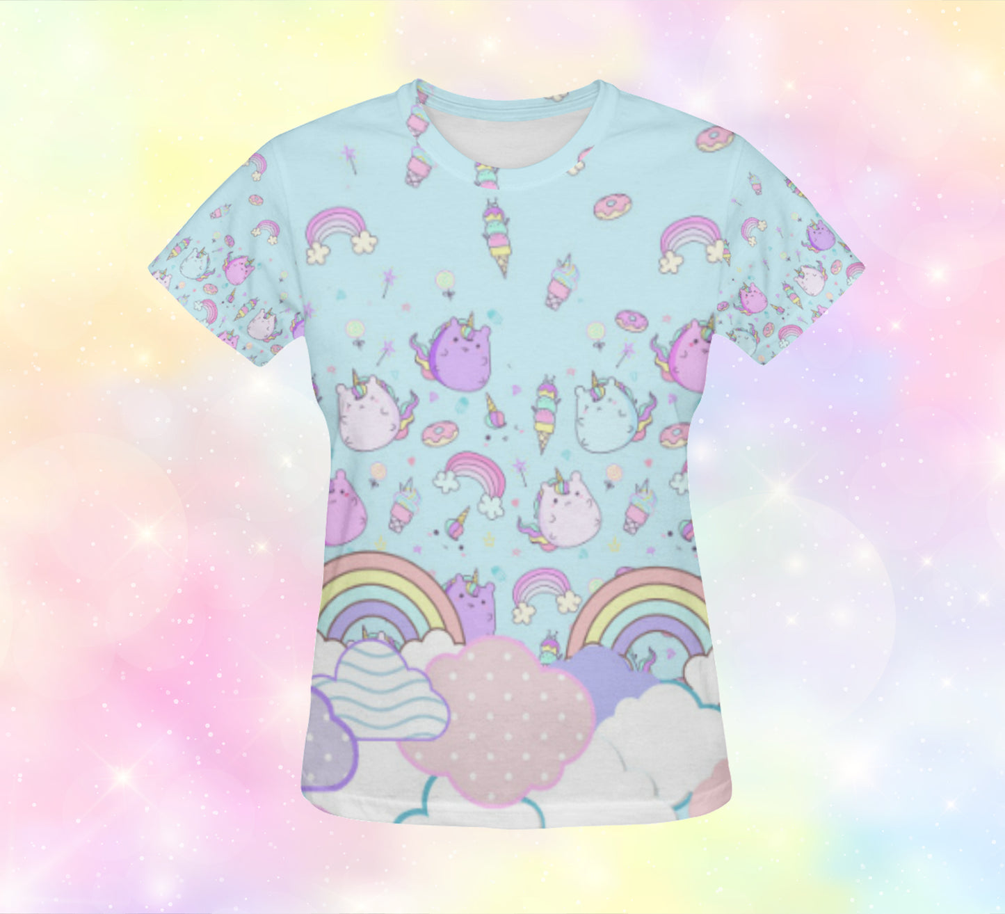 Fairy Key Yume kawaii Rainbow Clouds t-shirt displayed on pastel background
