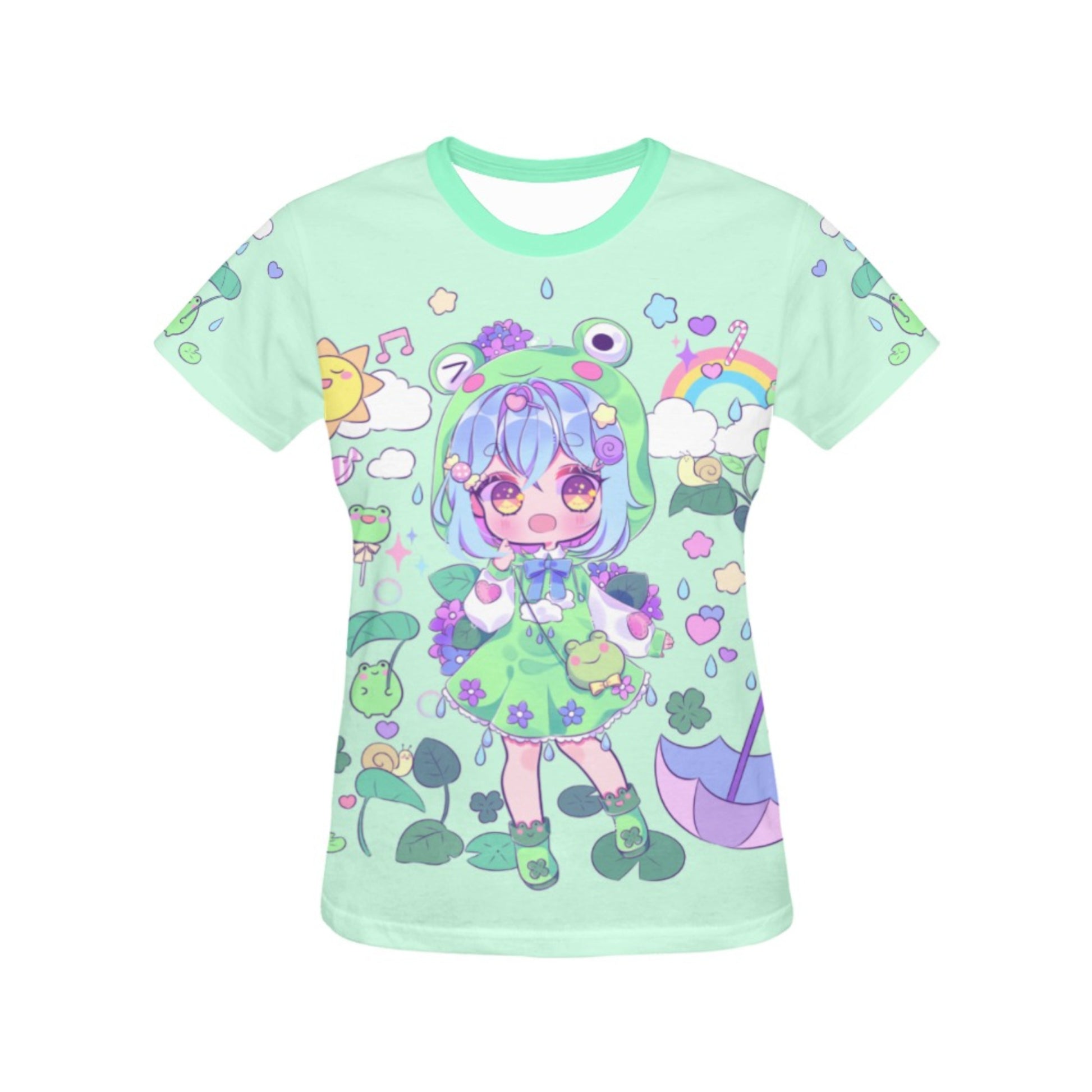 Yami kawaii t-shirt with chibi print on white background.