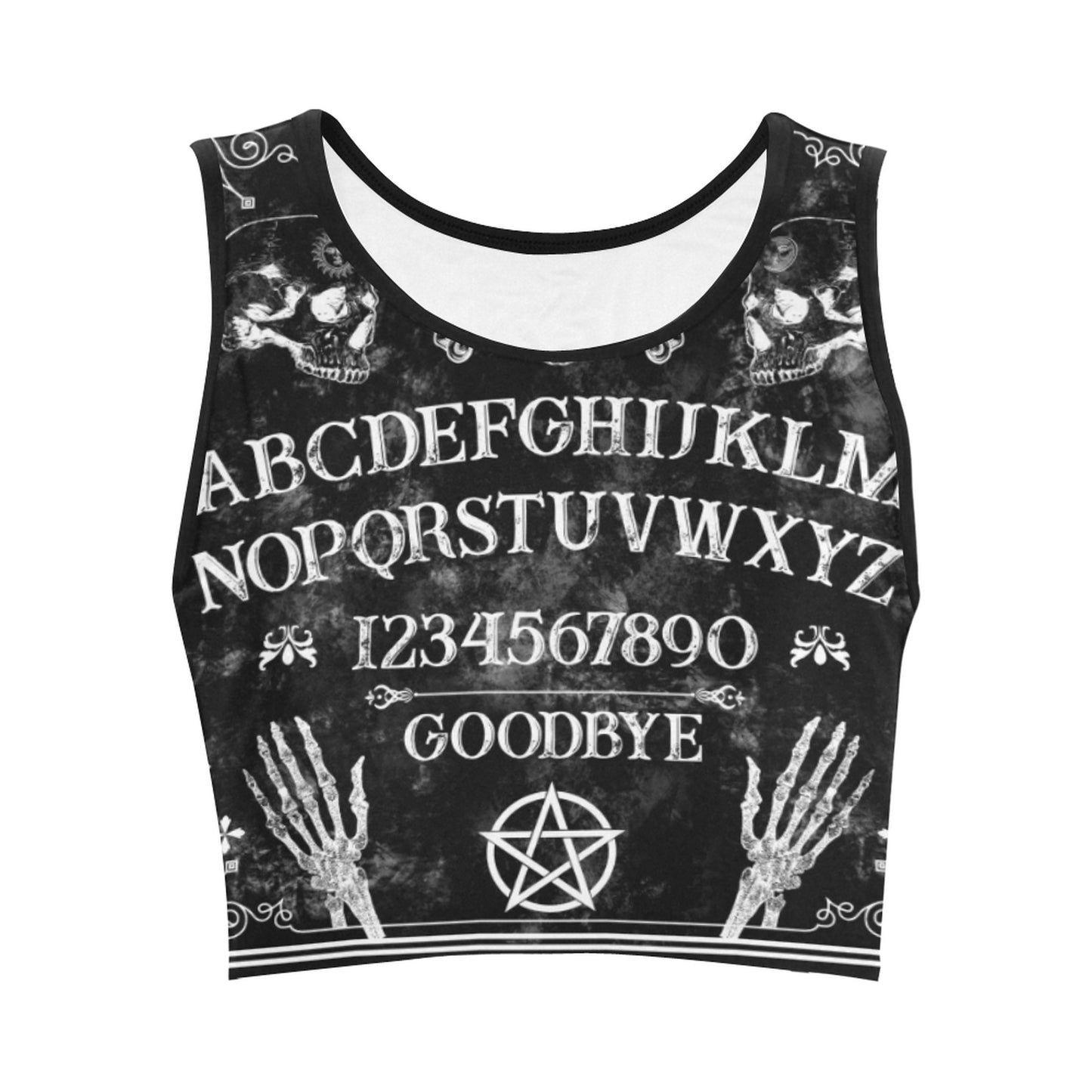 Pastel goth crop top with Ouija board design on white background.