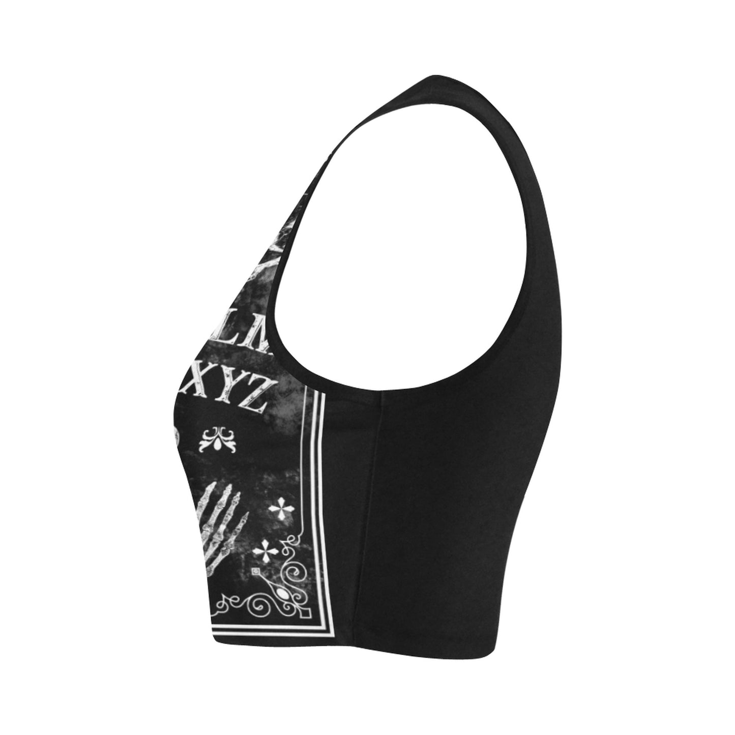 Pastel goth crop top with Ouija board design on white background side
