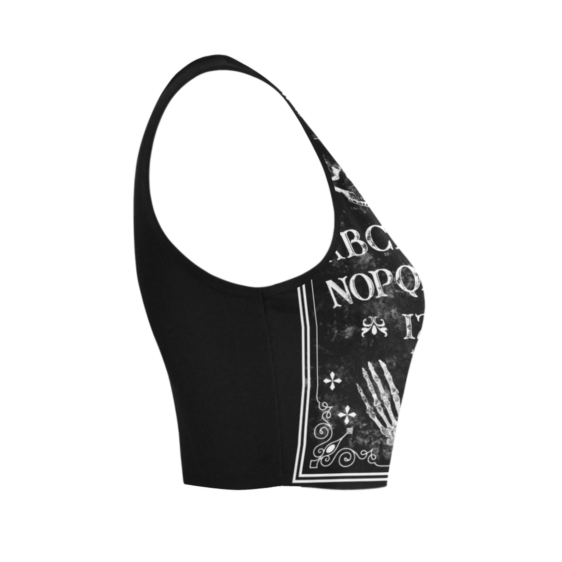 Pastel goth crop top with Ouija board design on white background.