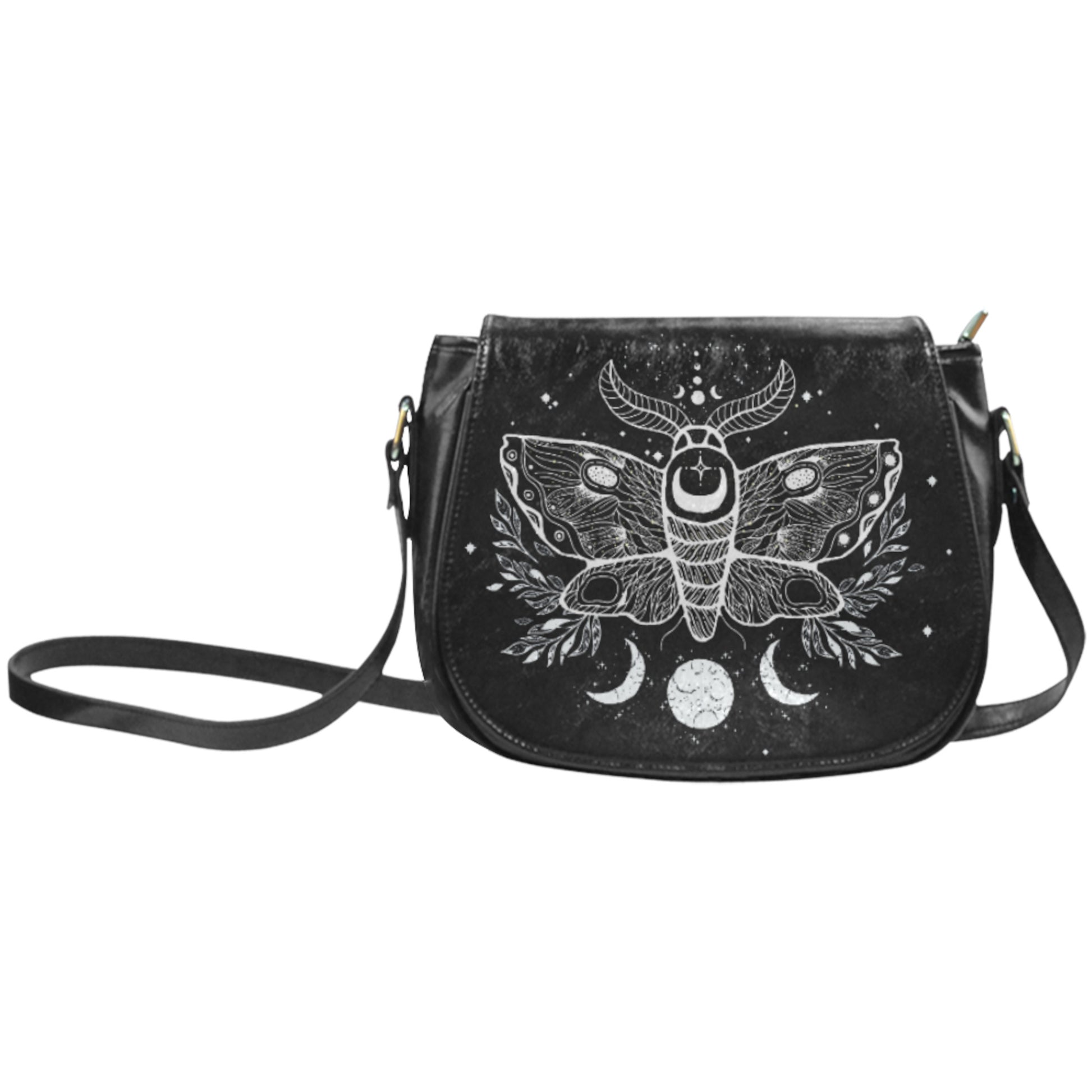 Black Gothic handbag with white moth and moon designs on a white background