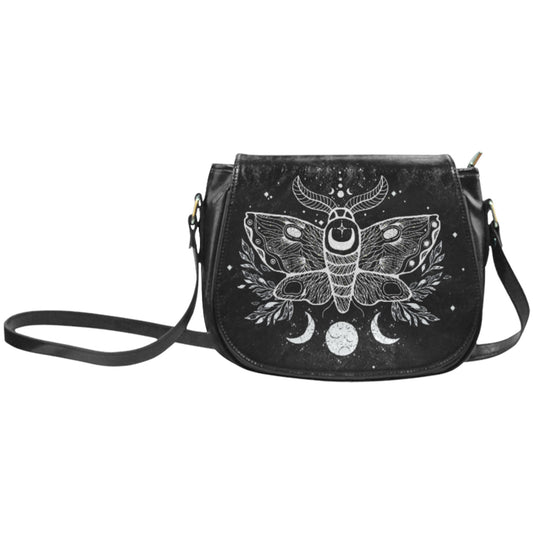 Black Gothic handbag with white moth and moon designs on a white background
