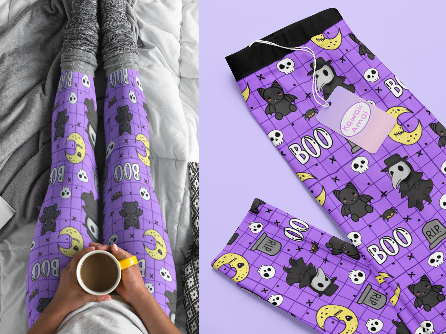 Purple Halloween-themed leggings with ghost and ghostly text design, worn by a person sitting on a bed.