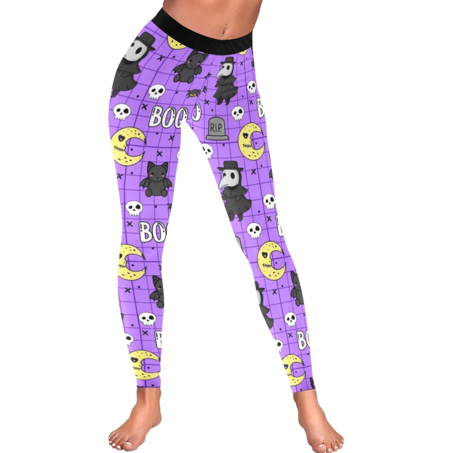 Purple leggings with Halloween-themed design on a white background