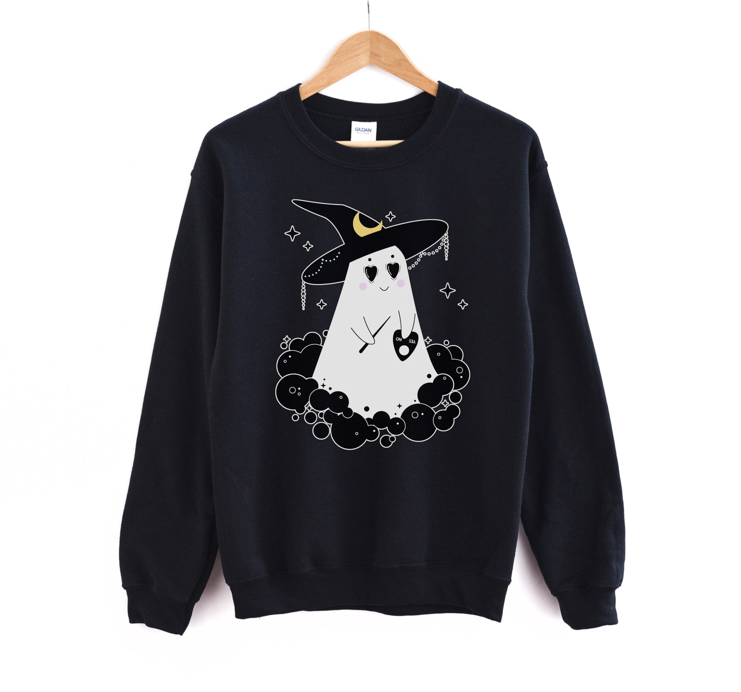 Black sweatshirt with a ghost wearing a witch hat design on a white background
