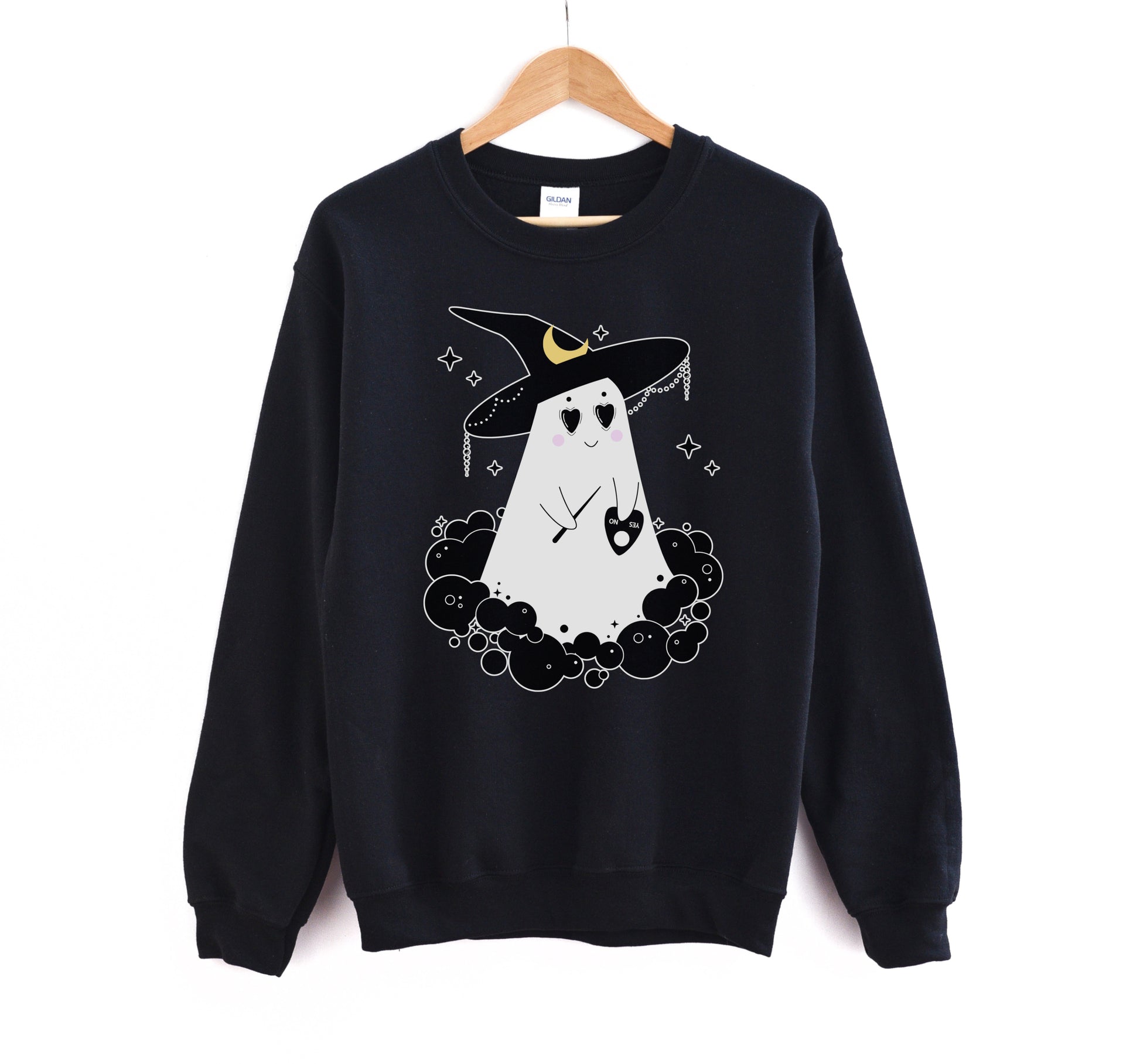 Black sweatshirt with a ghost wearing a witch hat design on a white background