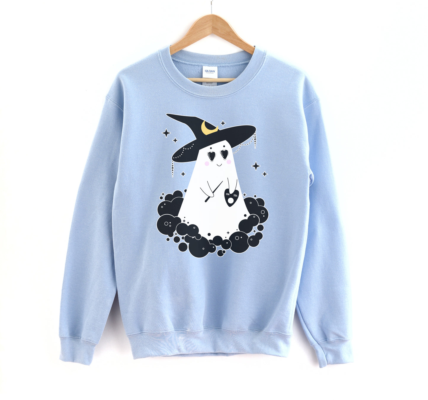Light blue Halloween kawaii sweatshirt displayed on clean white background