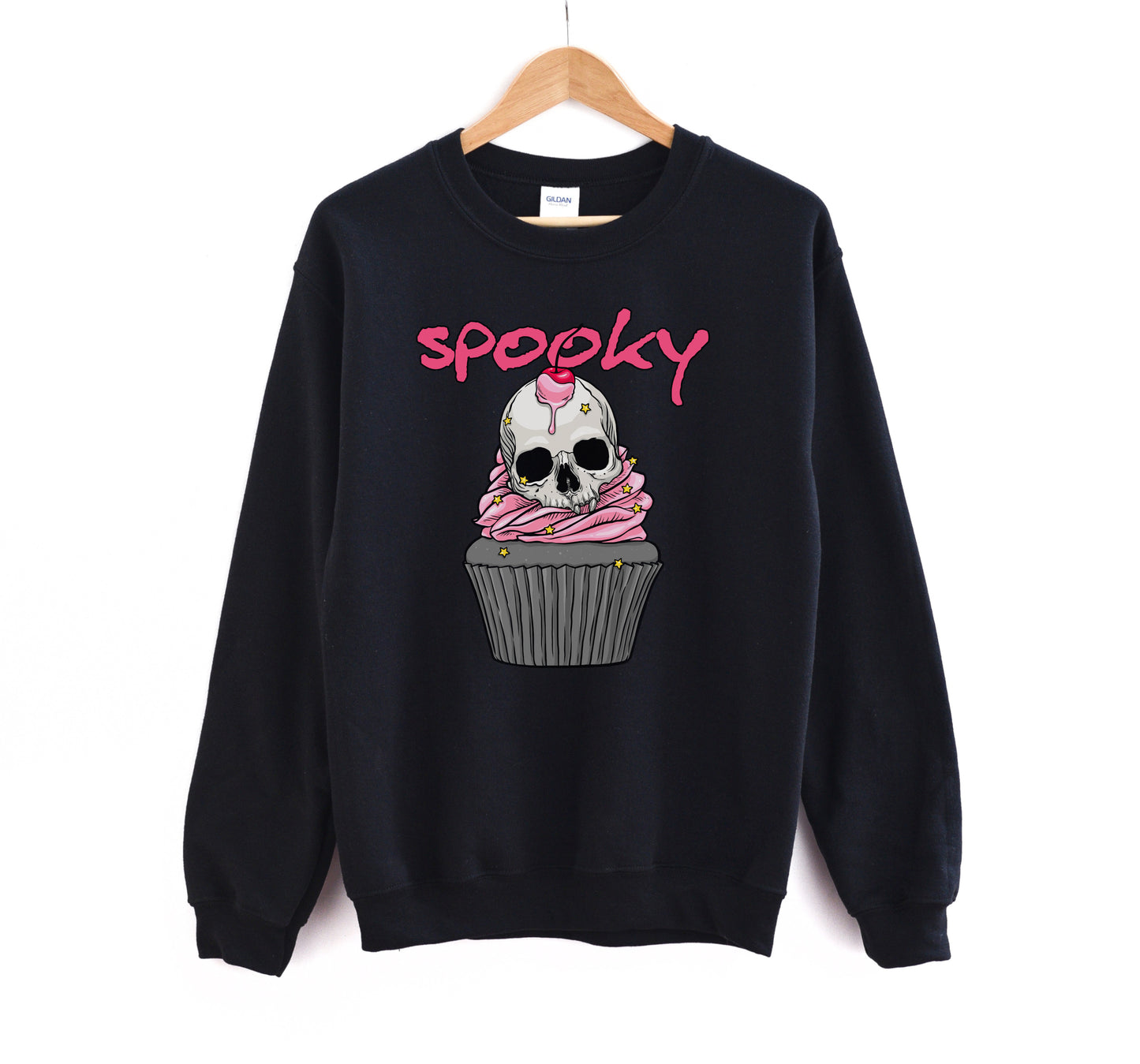 Black sweatshirt with a skull design and 'spooky' text on a white background