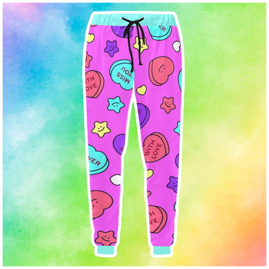 
Harajuku Decora Kei heart with love pants displayed on coloured background