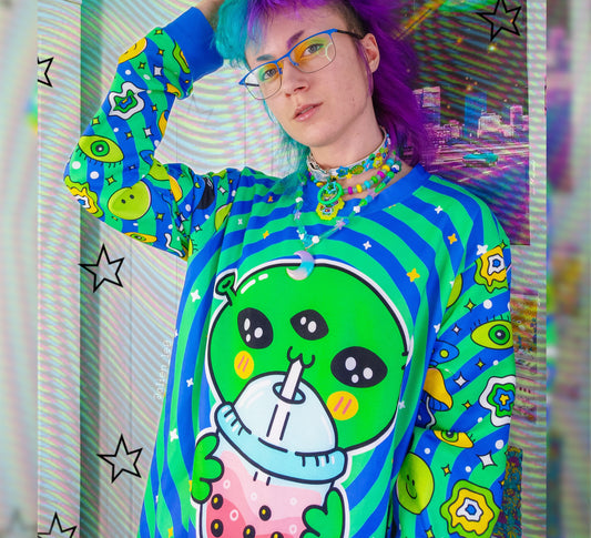 Model wearing Harajuku Kidcore Alien  jumper 