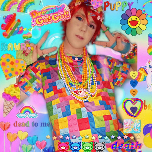 Model wearing Harajuku Kidcore Lego t-shirt