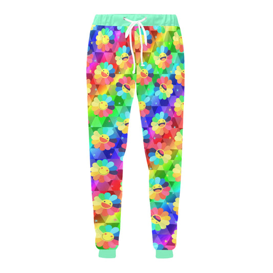 Harajuku Kidcore rainbow daisy pants displayed on clean white background